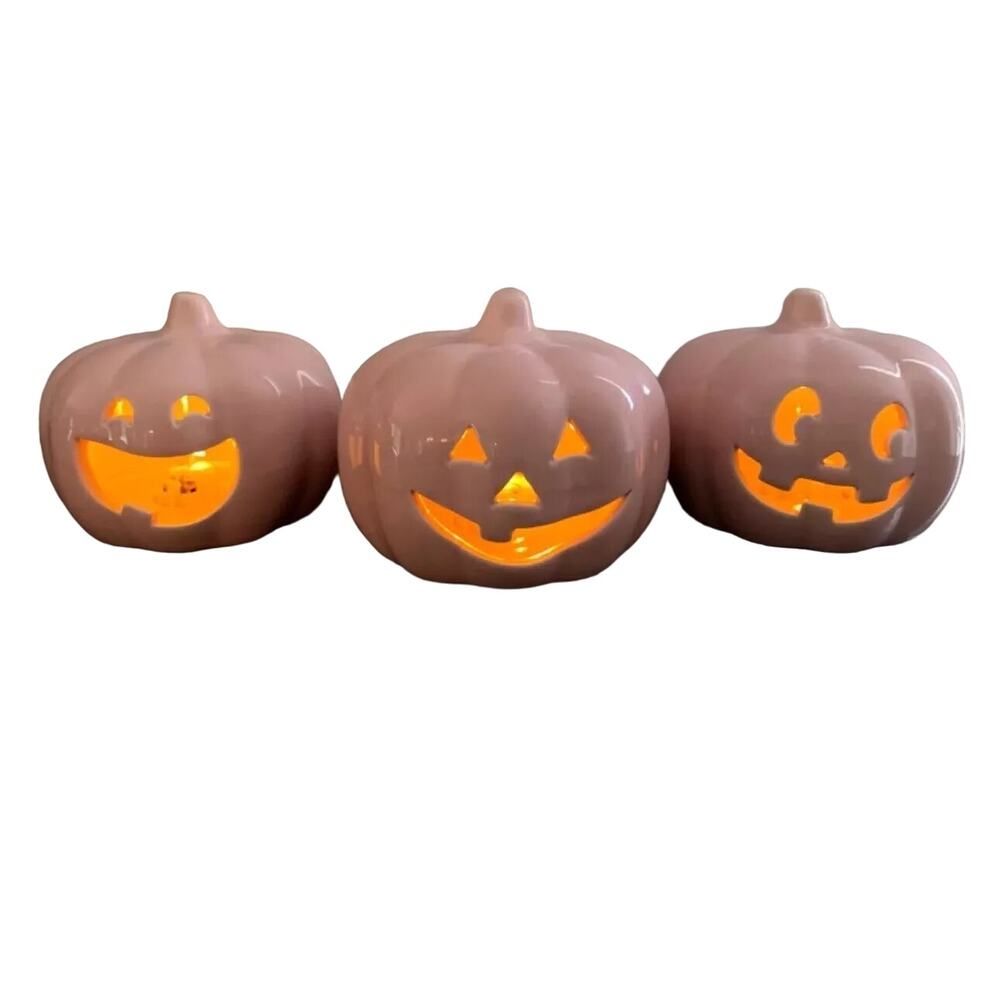 Martha Stewart LED Pumpkins PINK Ceramic Light Up Jack O Lantern Set of 3 NEW